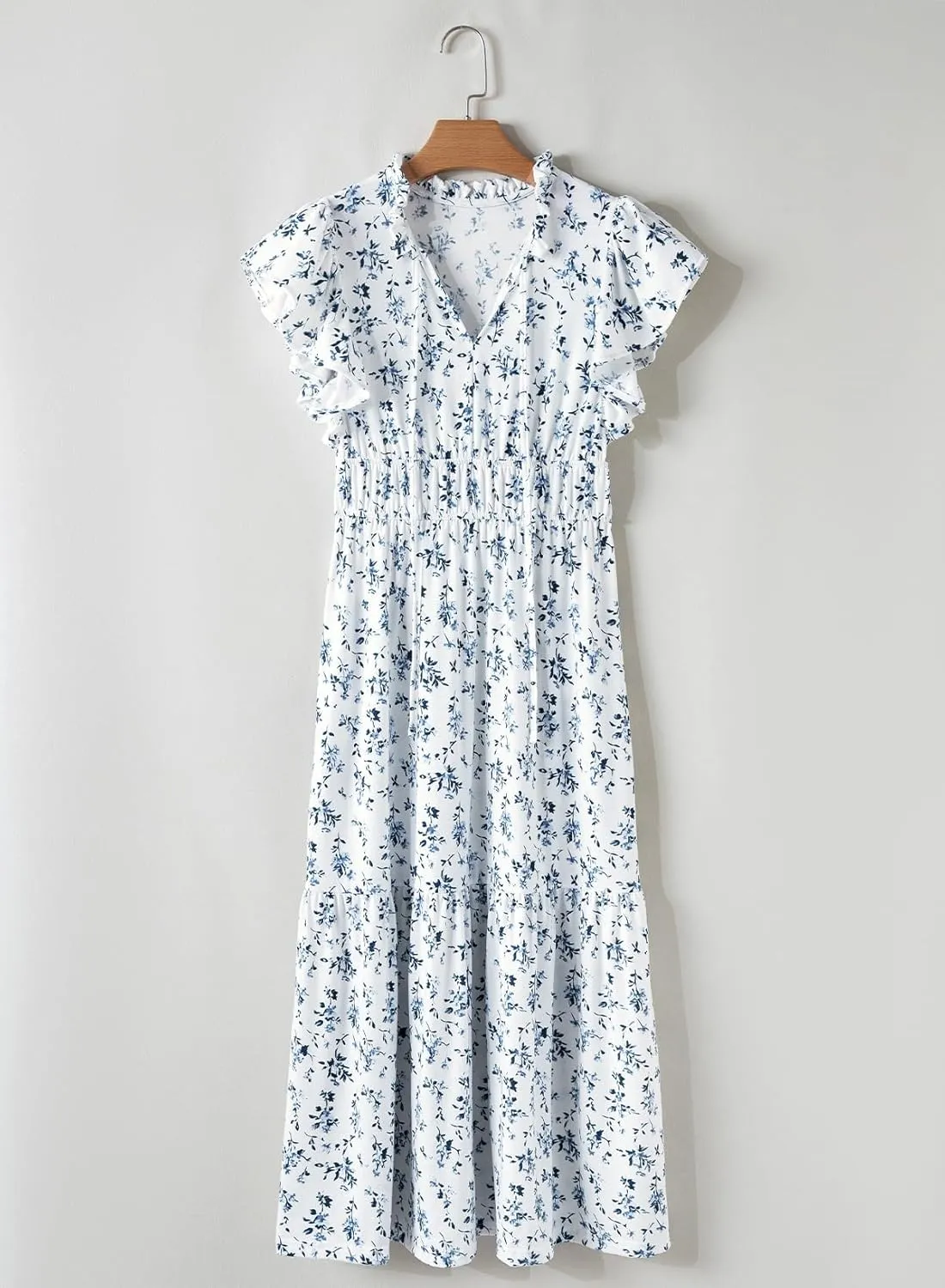 BLENCOT Womens Floral Maxi Dresses Casual Flowy Boho Dresses Summer Ruffle Short Sleeve V Neck Dress with Pockets