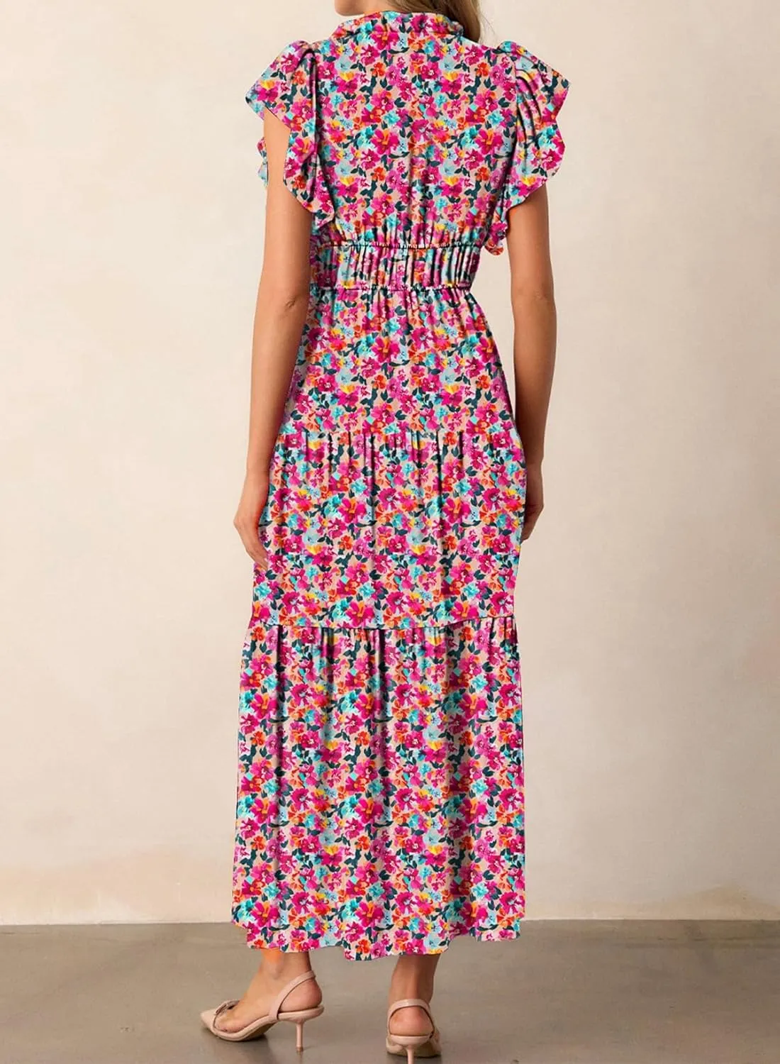 BLENCOT Womens Floral Maxi Dresses Casual Flowy Boho Dresses Summer Ruffle Short Sleeve V Neck Dress with Pockets