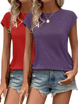 Bliwov 2 Pack Womens Tops Cap Sleeve T Shirts Summer Spring Basic Trendy Casual Outfits Beach Vacation Fashion Dressy Clothes
