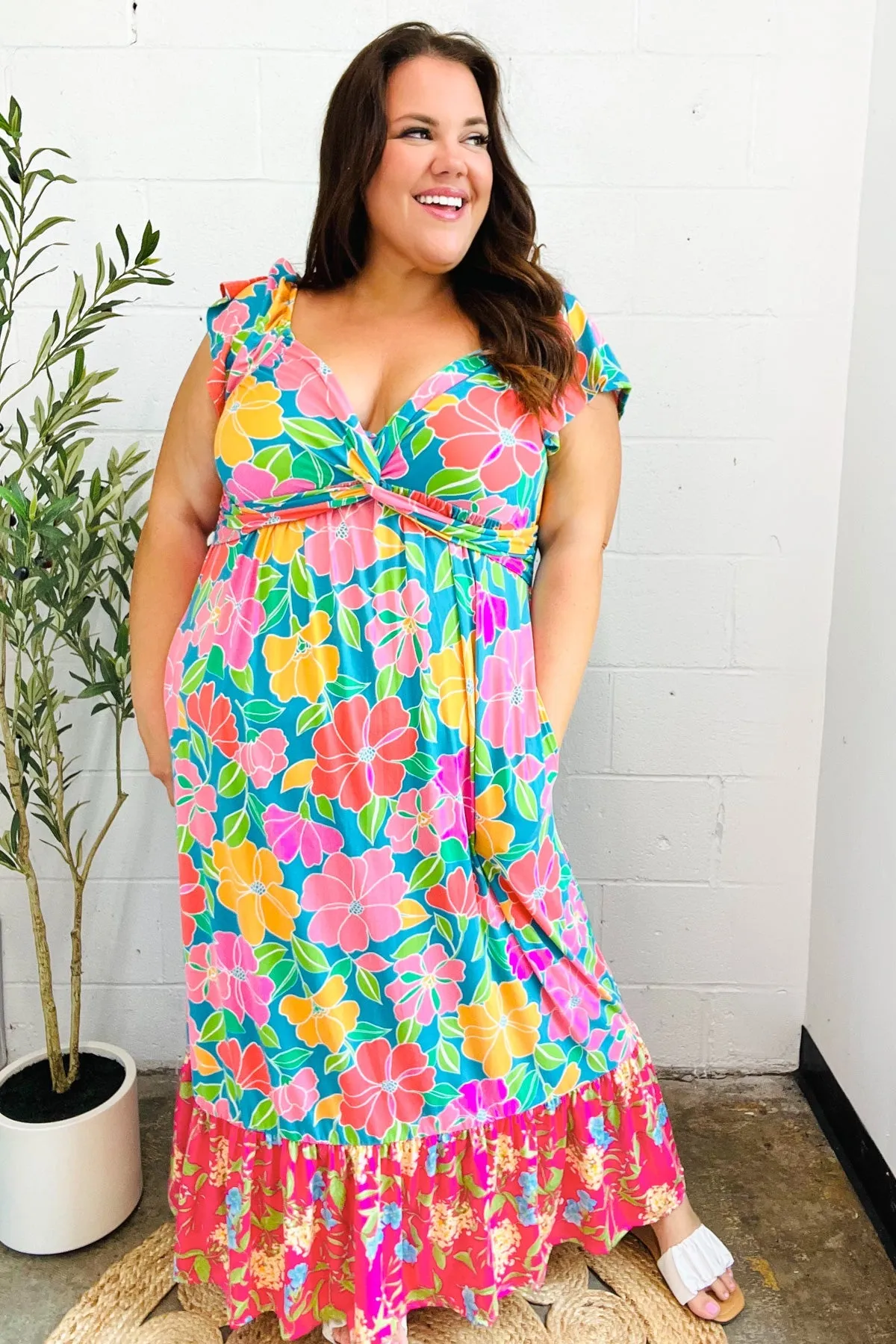 Blue Floral Sweetheart Twisted Neckline Maxi Dress