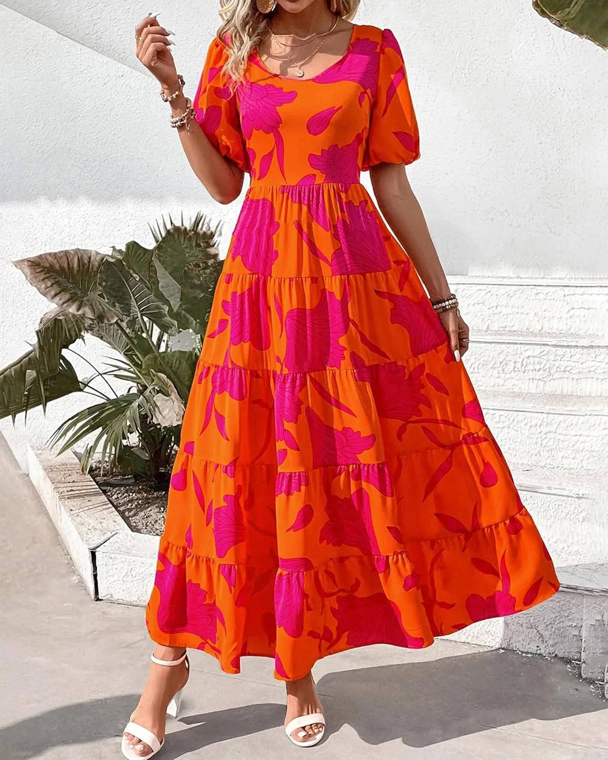 BTFBM Casual Women Summer Dresses 2024 Puff Sleeve Floral Maxi Dresses Smocked Backless Flowy Tiered Beach Long Dress