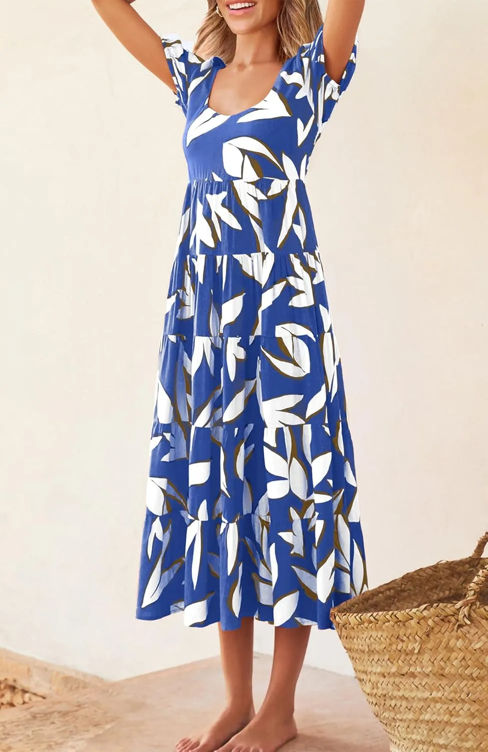 BTFBM Casual Women Summer Dresses 2024 Puff Sleeve Floral Maxi Dresses Smocked Backless Flowy Tiered Beach Long Dress