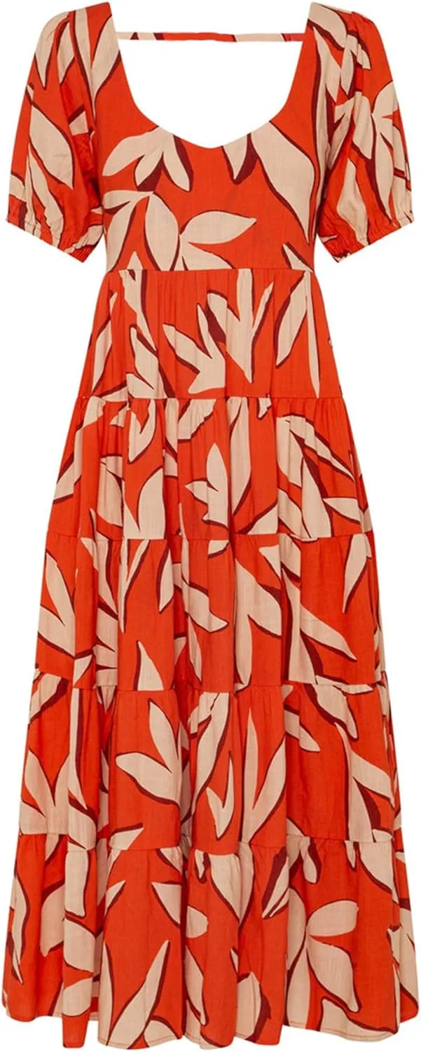 BTFBM Casual Women Summer Dresses 2024 Puff Sleeve Floral Maxi Dresses Smocked Backless Flowy Tiered Beach Long Dress