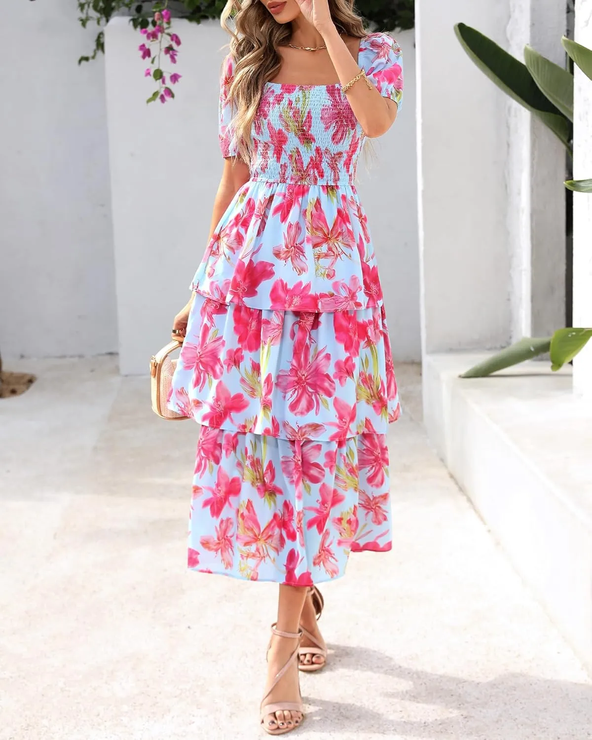 BTFBM Womens Square Neck Smocked Dress Summer Puff Short Sleeve Floral Casual Ruffle Tiered Maxi Wedding Guest Dresses