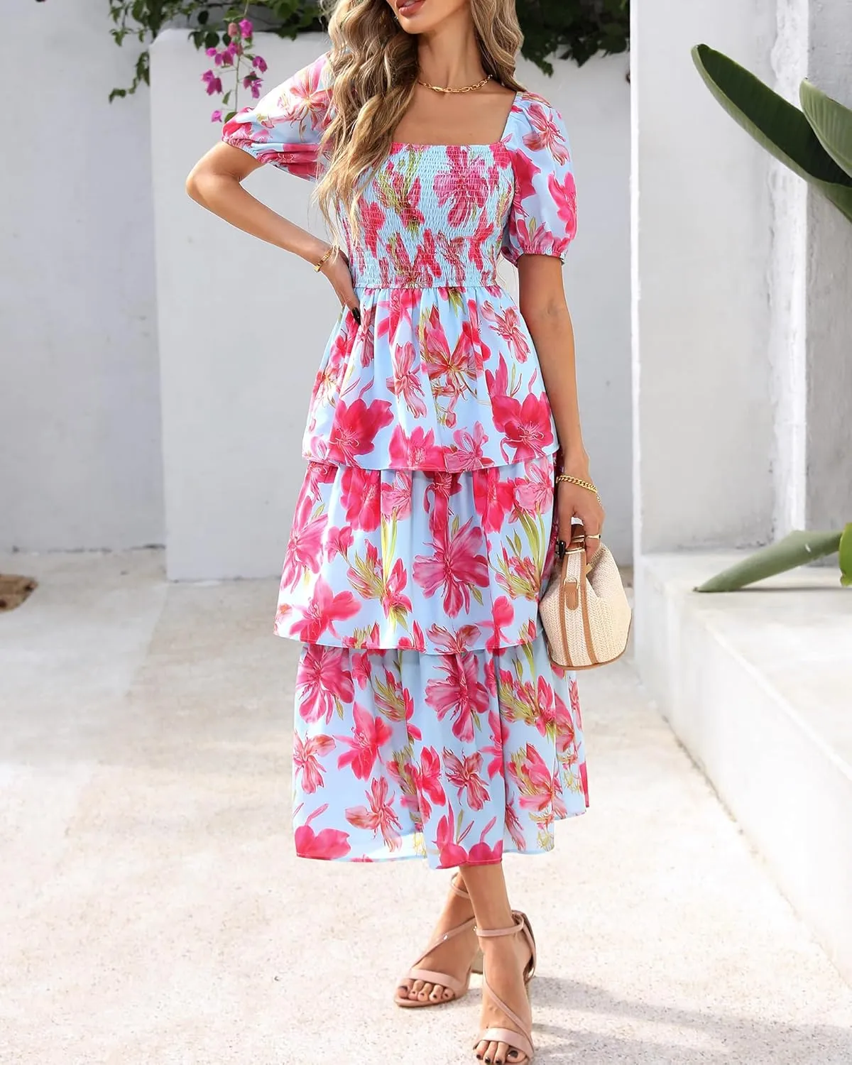 BTFBM Womens Square Neck Smocked Dress Summer Puff Short Sleeve Floral Casual Ruffle Tiered Maxi Wedding Guest Dresses
