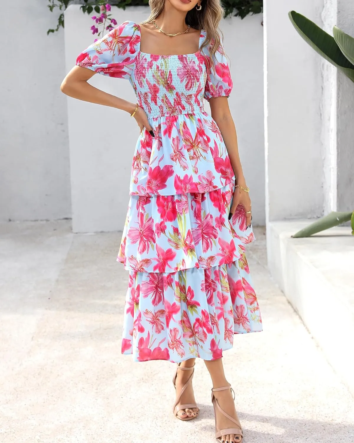 BTFBM Womens Square Neck Smocked Dress Summer Puff Short Sleeve Floral Casual Ruffle Tiered Maxi Wedding Guest Dresses