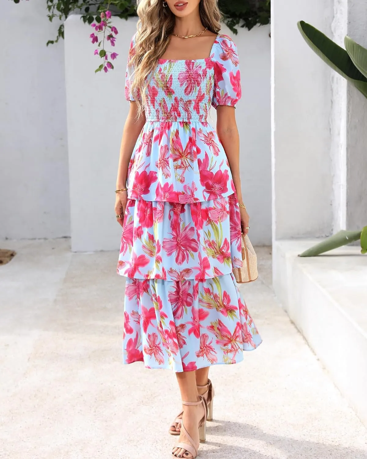 BTFBM Womens Square Neck Smocked Dress Summer Puff Short Sleeve Floral Casual Ruffle Tiered Maxi Wedding Guest Dresses