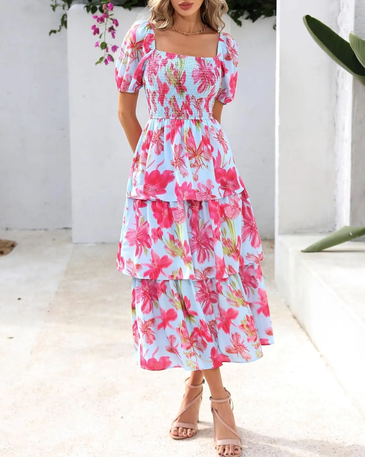BTFBM Womens Square Neck Smocked Dress Summer Puff Short Sleeve Floral Casual Ruffle Tiered Maxi Wedding Guest Dresses