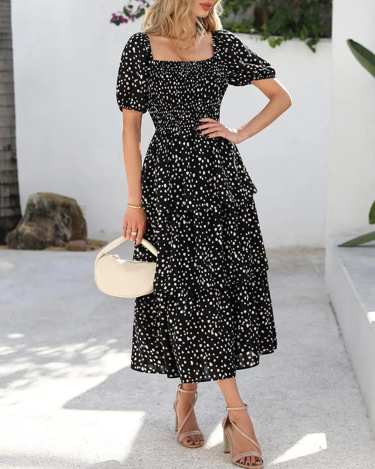 BTFBM Womens Square Neck Smocked Dress Summer Puff Short Sleeve Floral Casual Ruffle Tiered Maxi Wedding Guest Dresses
