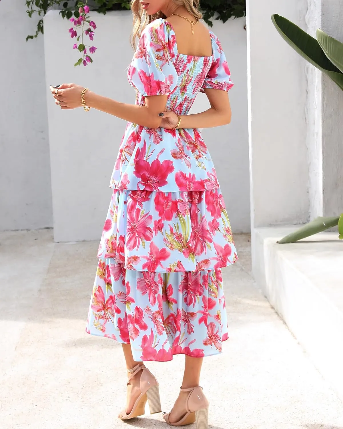 BTFBM Womens Square Neck Smocked Dress Summer Puff Short Sleeve Floral Casual Ruffle Tiered Maxi Wedding Guest Dresses