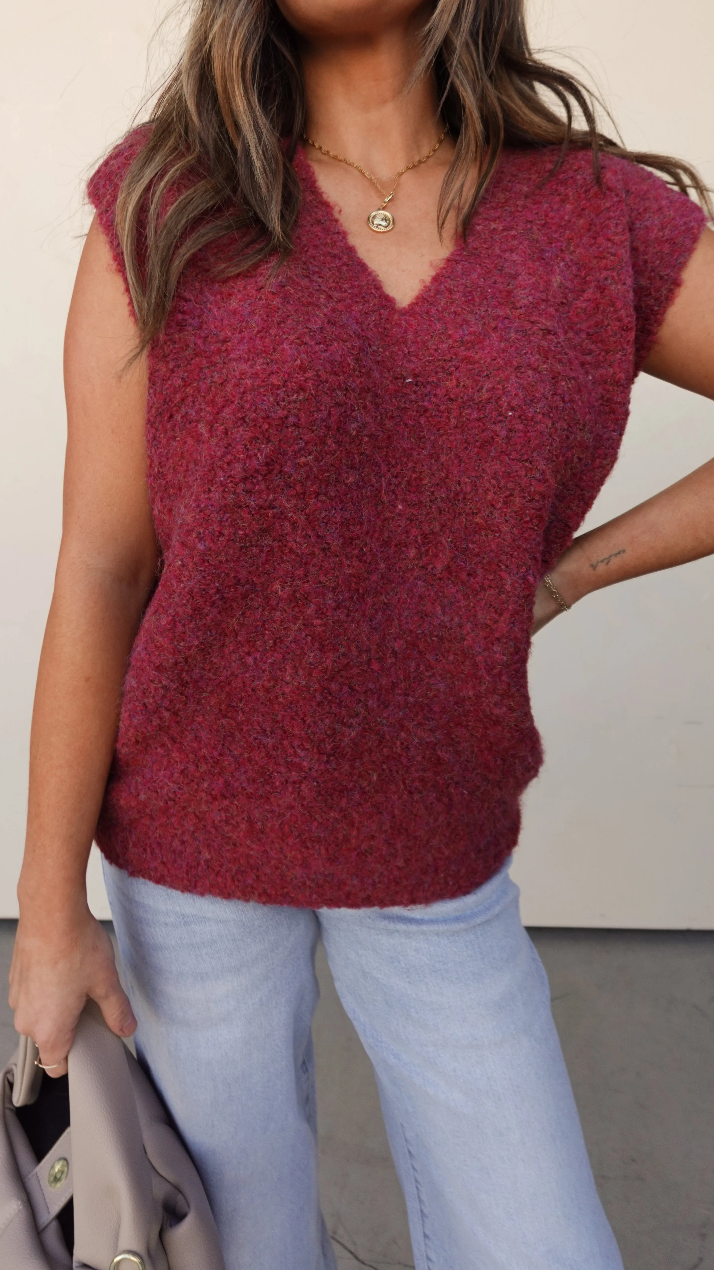 Burgundy V-Neck Knit Sweater Vest