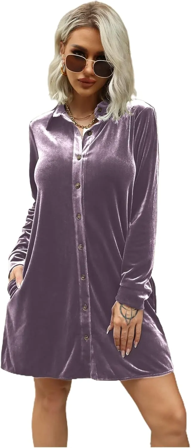 Caitefaso Womens Velvet Button Down T Shirts Swing Mini Dress Casual Long Sleeves Lapel Tunic Tops