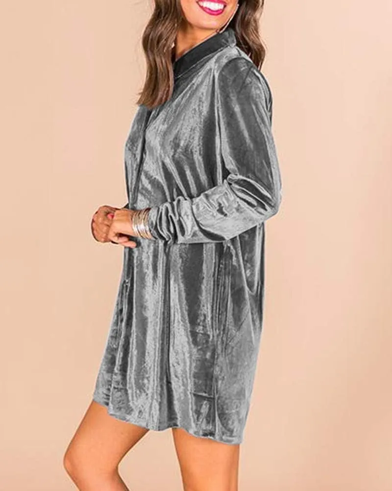 Caitefaso Womens Velvet Button Down T Shirts Swing Mini Dress Casual Long Sleeves Lapel Tunic Tops