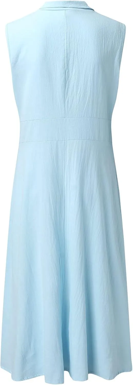 Casual Dresses for Women Solid Turn-Down Collar A-Line Linen Dress Retro Summer Dress Women's Dresses Vacation Wear