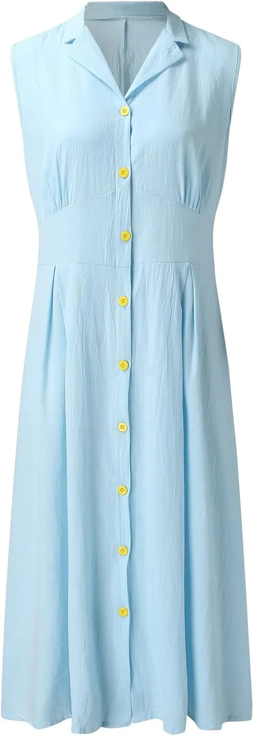 Casual Dresses for Women Solid Turn-Down Collar A-Line Linen Dress Retro Summer Dress Women's Dresses Vacation Wear