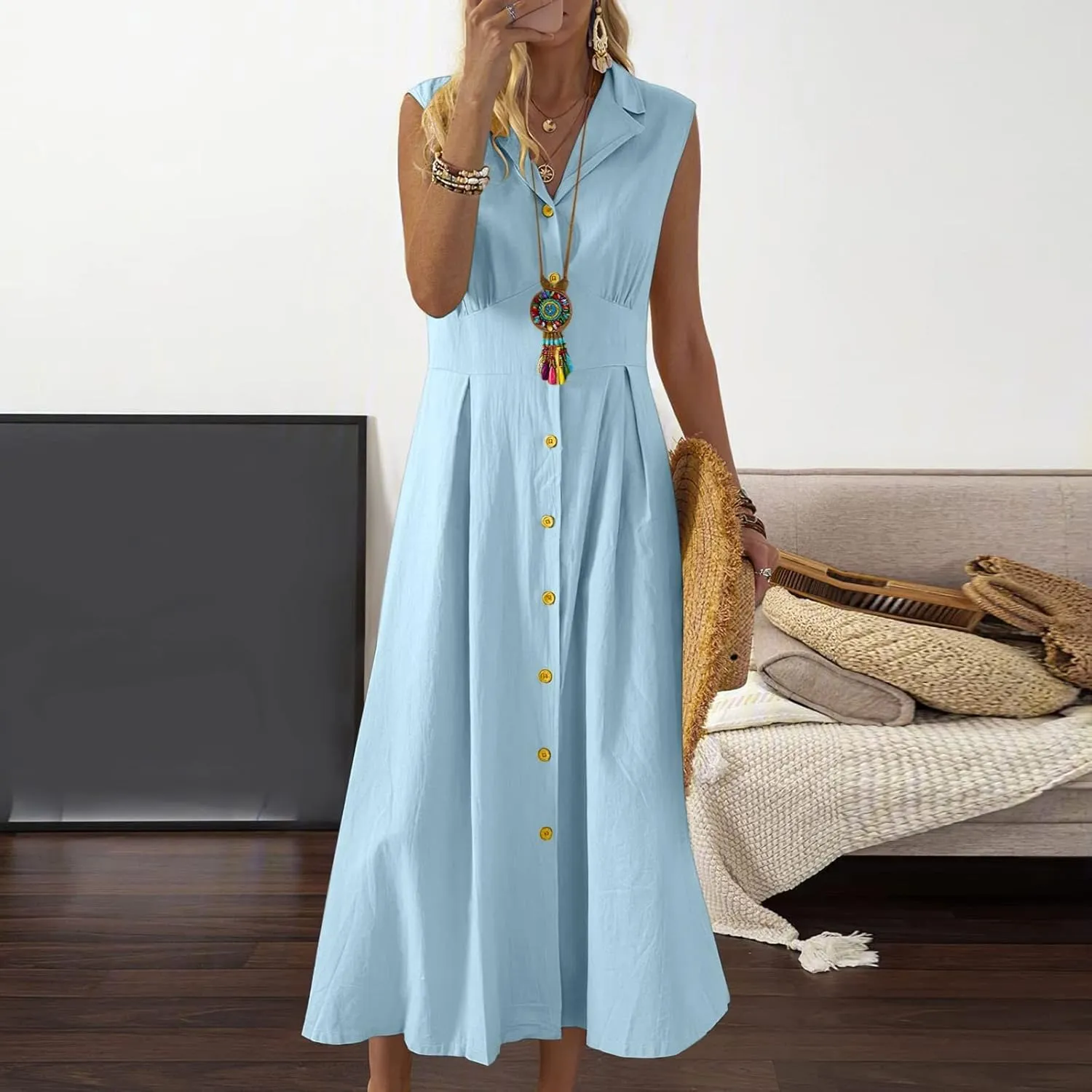 Casual Dresses for Women Solid Turn-Down Collar A-Line Linen Dress Retro Summer Dress Women's Dresses Vacation Wear