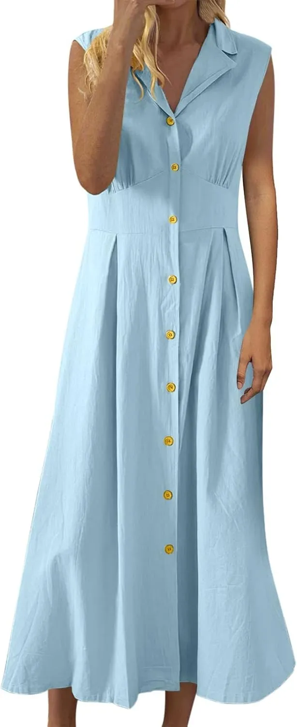 Casual Dresses for Women Solid Turn-Down Collar A-Line Linen Dress Retro Summer Dress Women's Dresses Vacation Wear