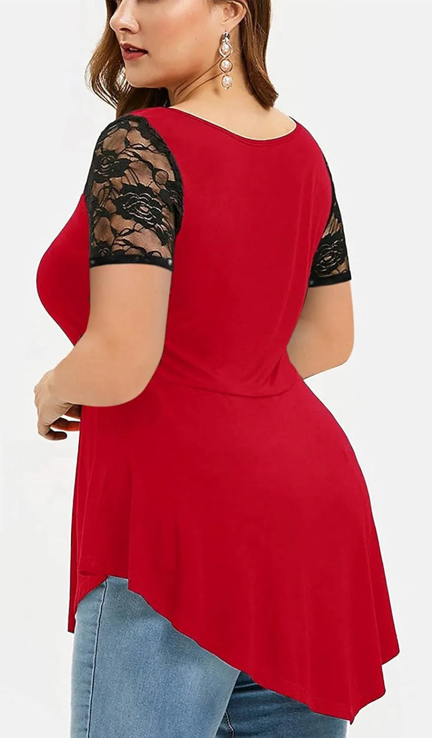 Chvity Womens Plus Size Tops O-Neck Asymmetric Short Sleeve Tunics Lace Blouse Shirts for Summer Casual S-5X