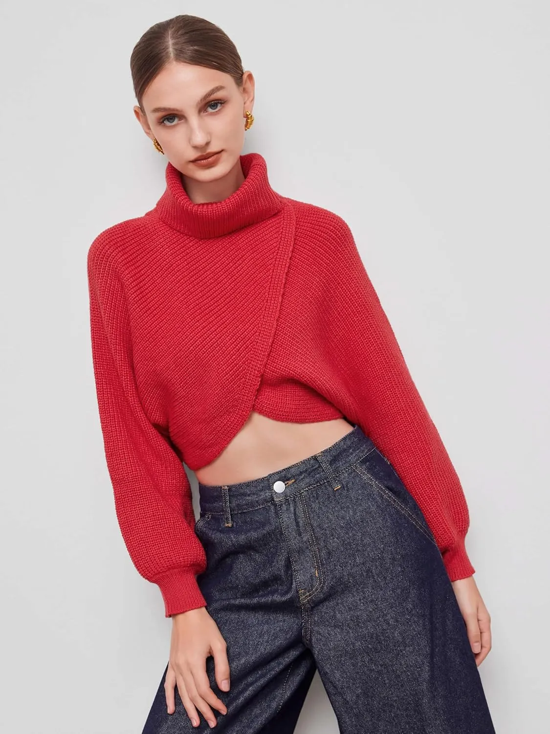 CIDER Cropped Sweaters for Women Turtleneck Long Sleeve Fall Sweaters Chunky Ribbed Knit Lantern Sleeve Pullover 2024