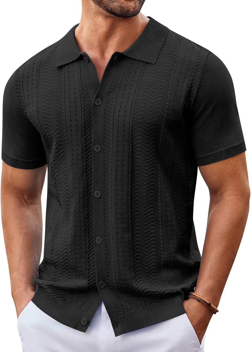 COOFANDY Mens Knit Button Down Shirt Short Sleeve Summer Casual Shirts Vintage Beach Vacation Shirts