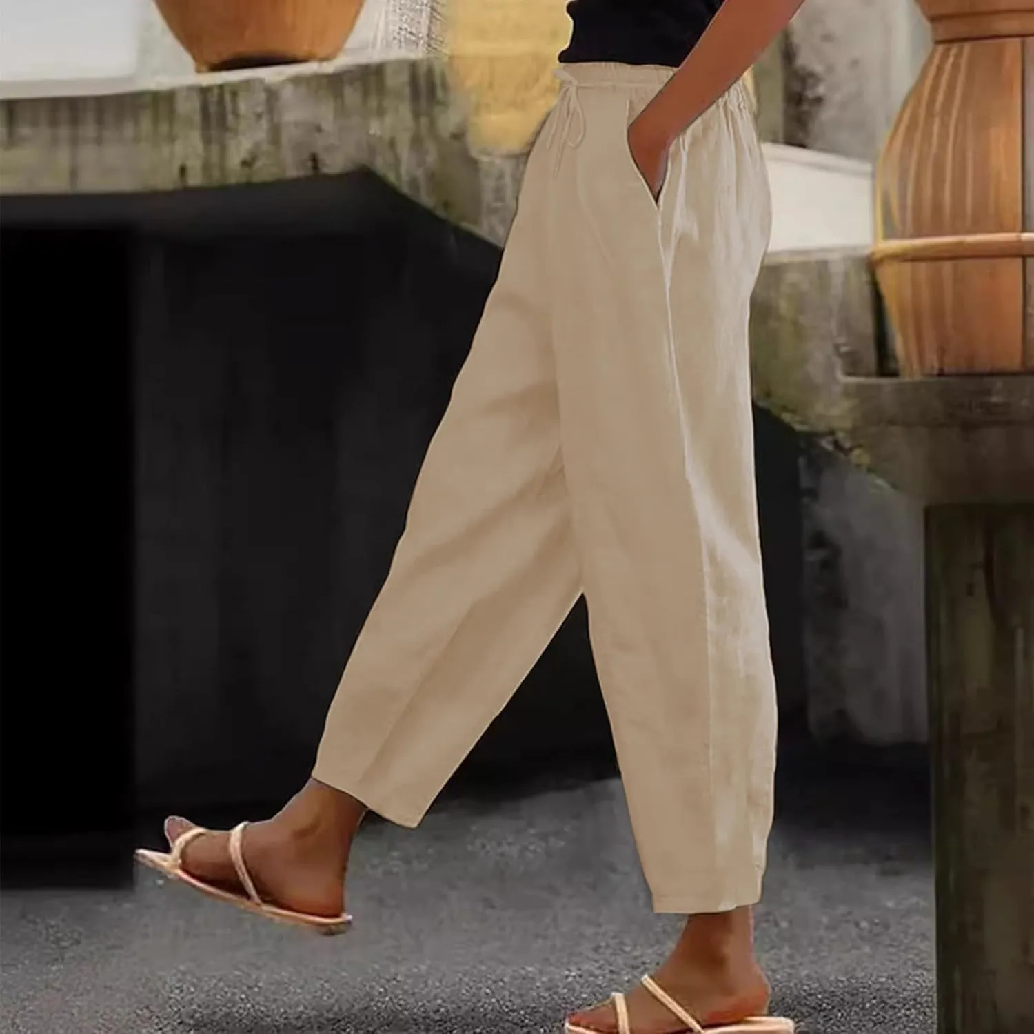 Cotton Linen Pants for Women 2025 Summer Gauze Drawstring High Waisted Wide Leg Trousers Beach Vacation Clothes