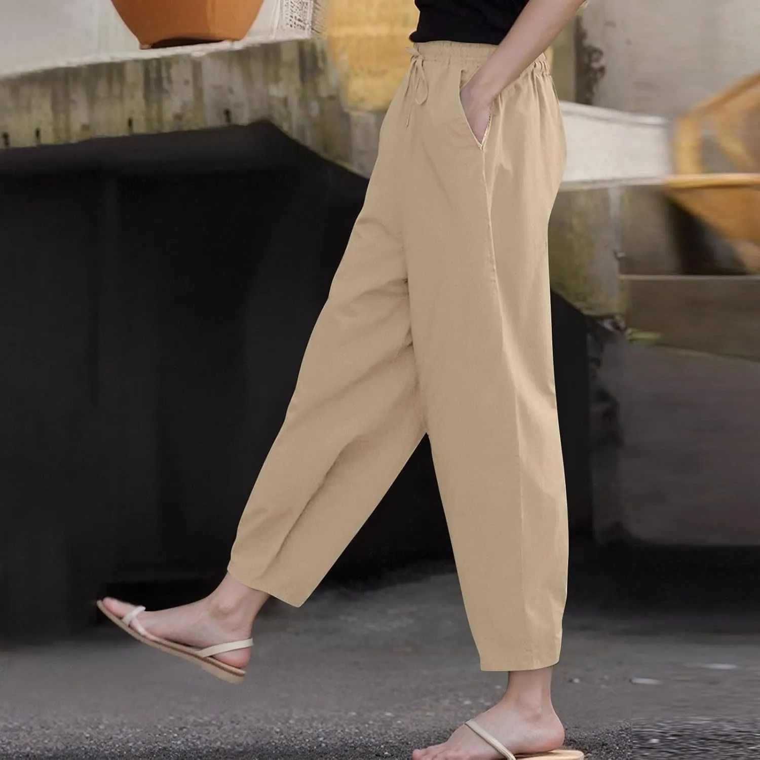 Cotton Linen Pants for Women 2025 Summer Gauze Drawstring High Waisted Wide Leg Trousers Beach Vacation Clothes