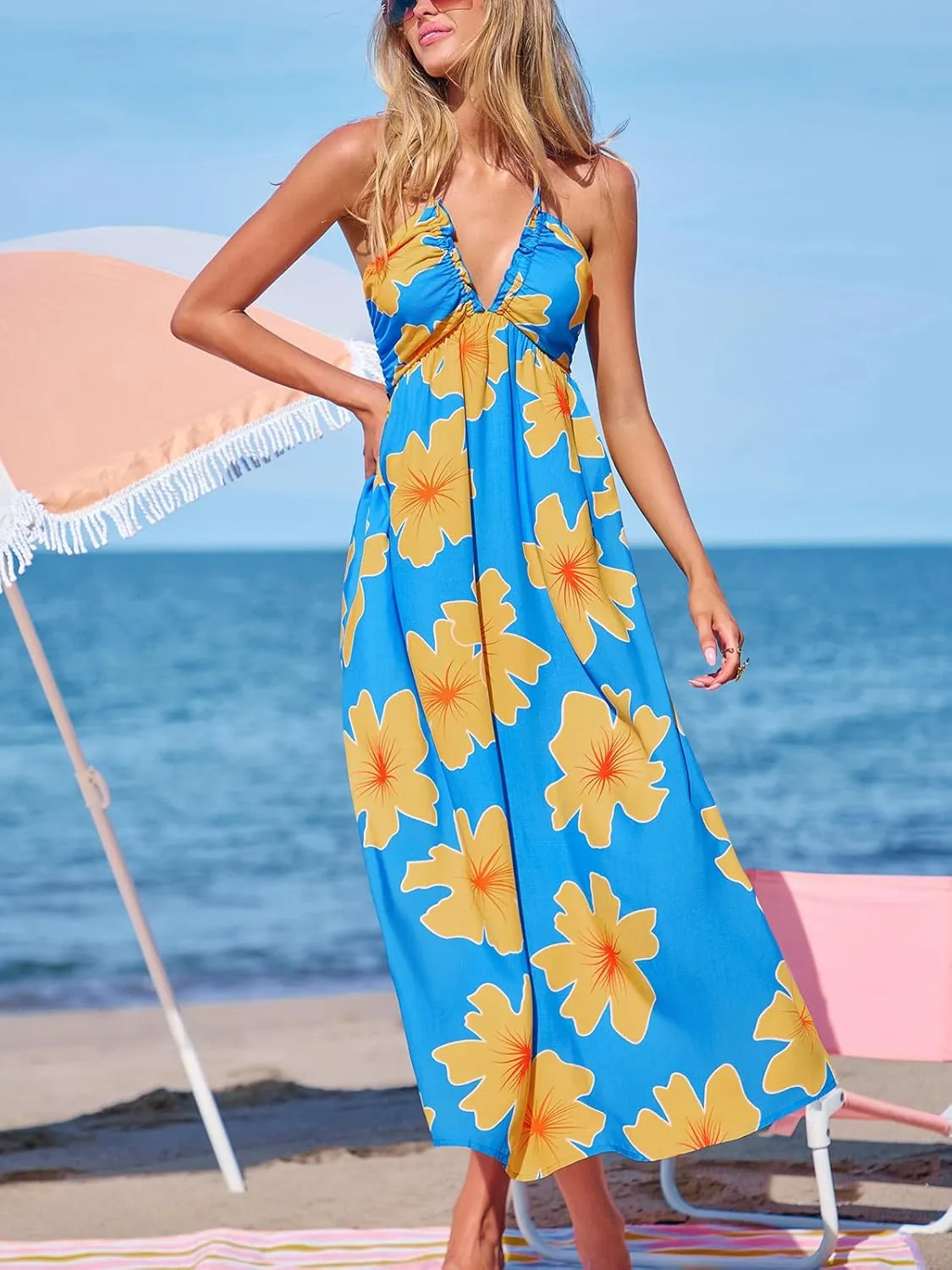 CUPSHE Women Backless Ruffle Summer Dress Halter Plunging V Smocked Waist Back Bow Tie Tiered Maxi Casual Beach Dresses