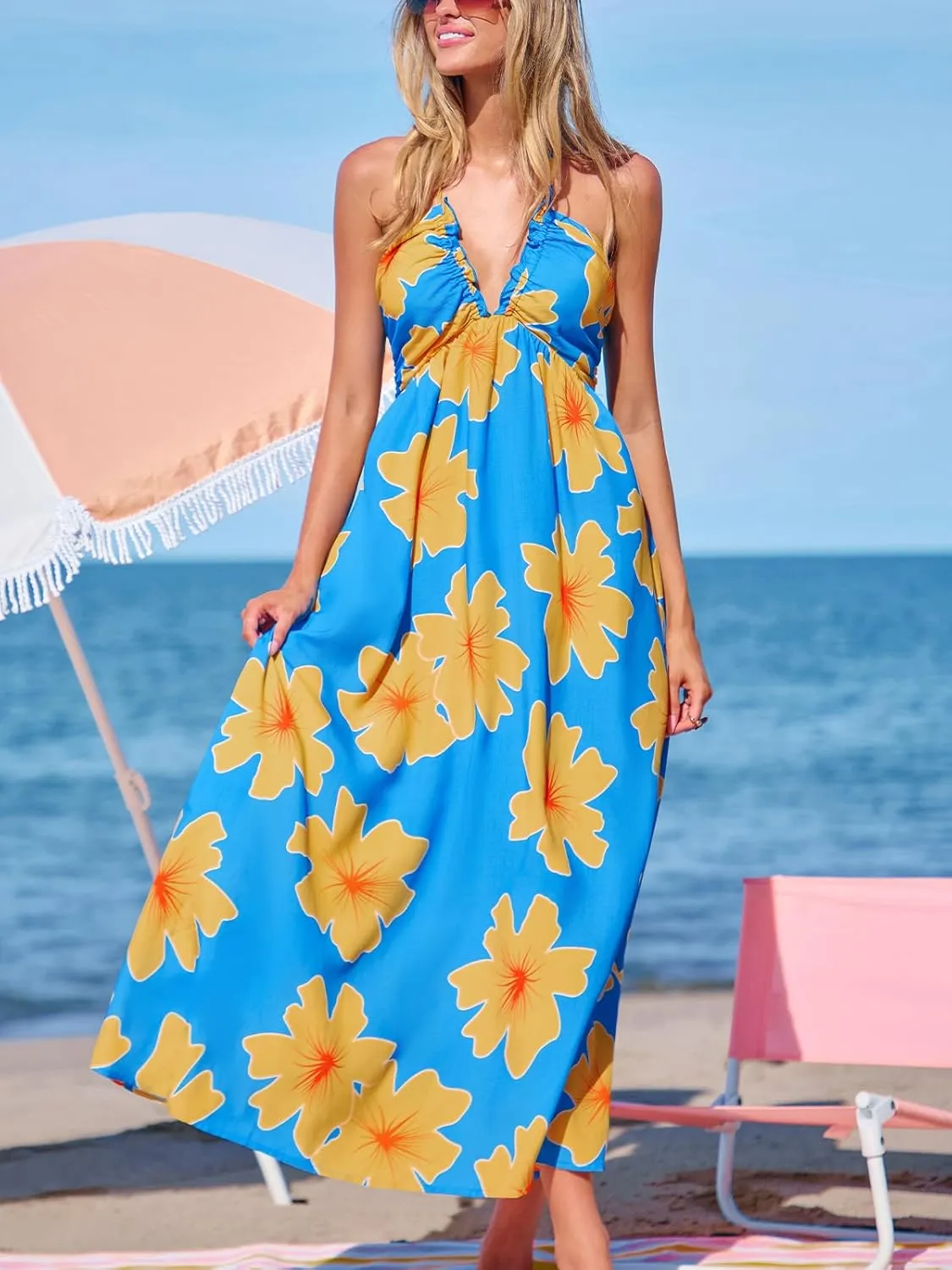 CUPSHE Women Backless Ruffle Summer Dress Halter Plunging V Smocked Waist Back Bow Tie Tiered Maxi Casual Beach Dresses
