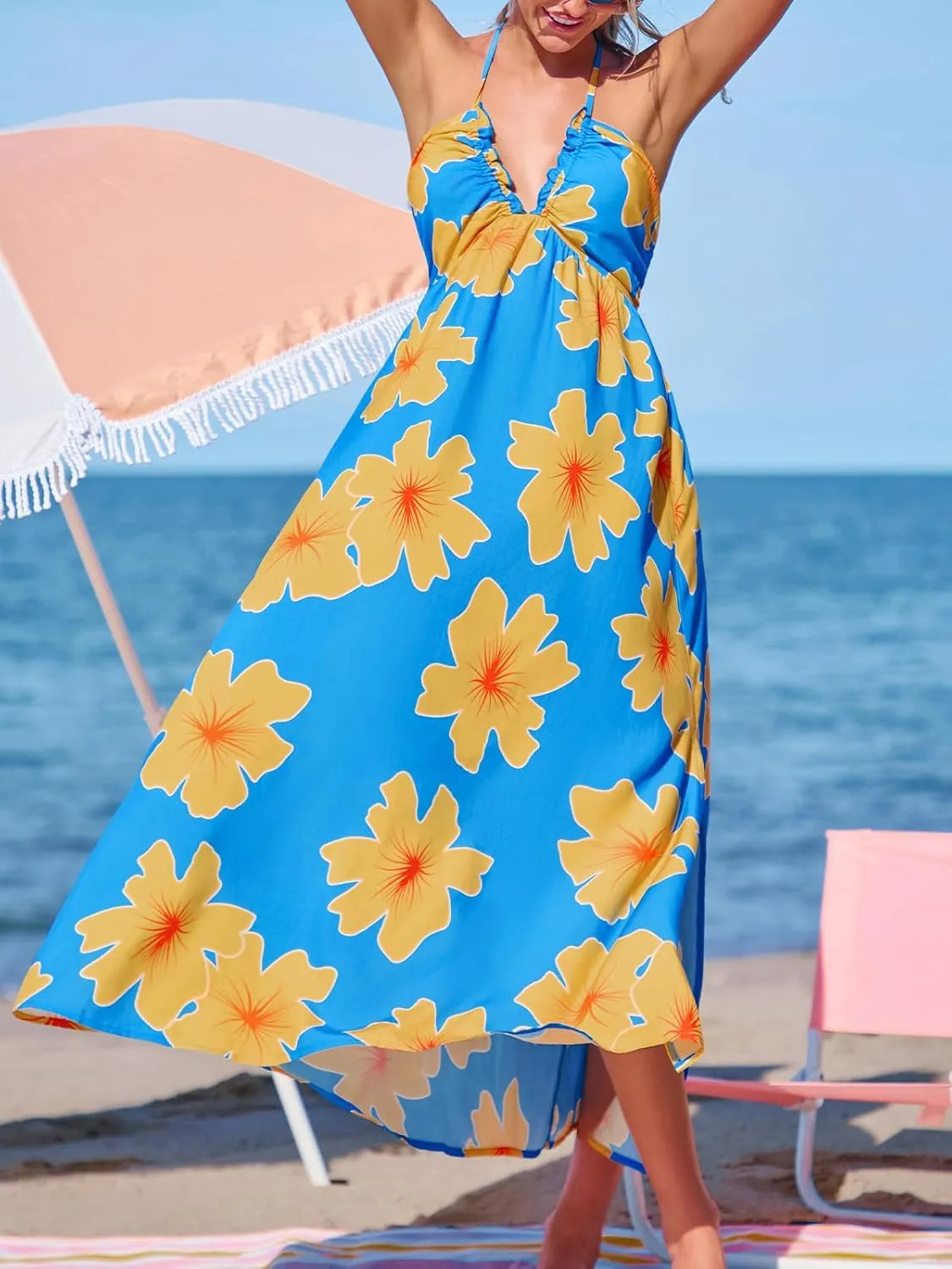 CUPSHE Women Backless Ruffle Summer Dress Halter Plunging V Smocked Waist Back Bow Tie Tiered Maxi Casual Beach Dresses