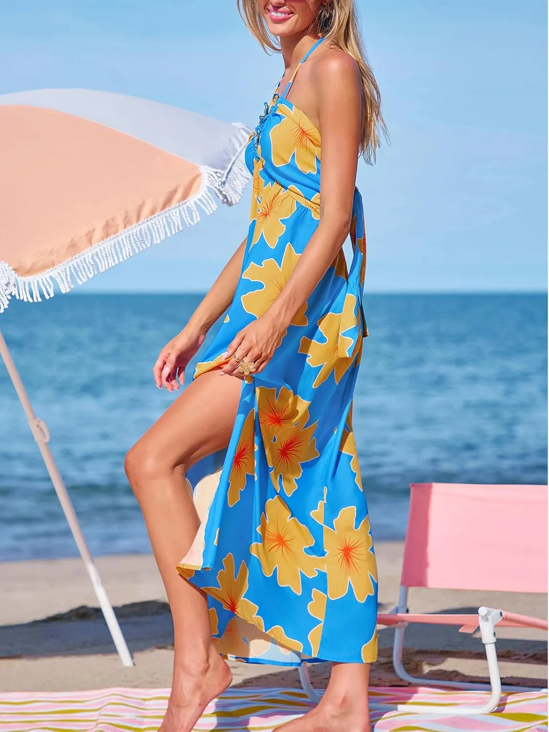 CUPSHE Women Backless Ruffle Summer Dress Halter Plunging V Smocked Waist Back Bow Tie Tiered Maxi Casual Beach Dresses