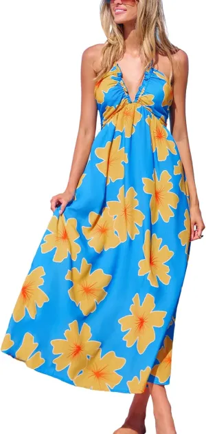 CUPSHE Women Backless Ruffle Summer Dress Halter Plunging V Smocked Waist Back Bow Tie Tiered Maxi Casual Beach Dresses