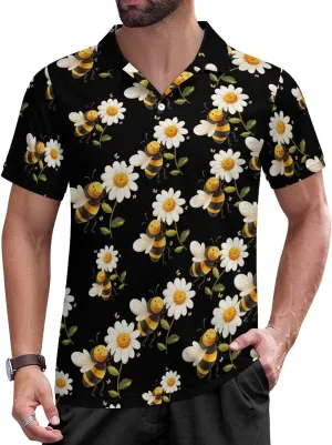 Cute Bee Daisy Flower Mens Polo Shirts Short Sleeve Mesh Gym T-Shirt Summer Tee Top