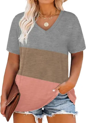 DOLNINE Plus-Size Tops for Women V Neck T Shirts Summer Tunics with Pocket