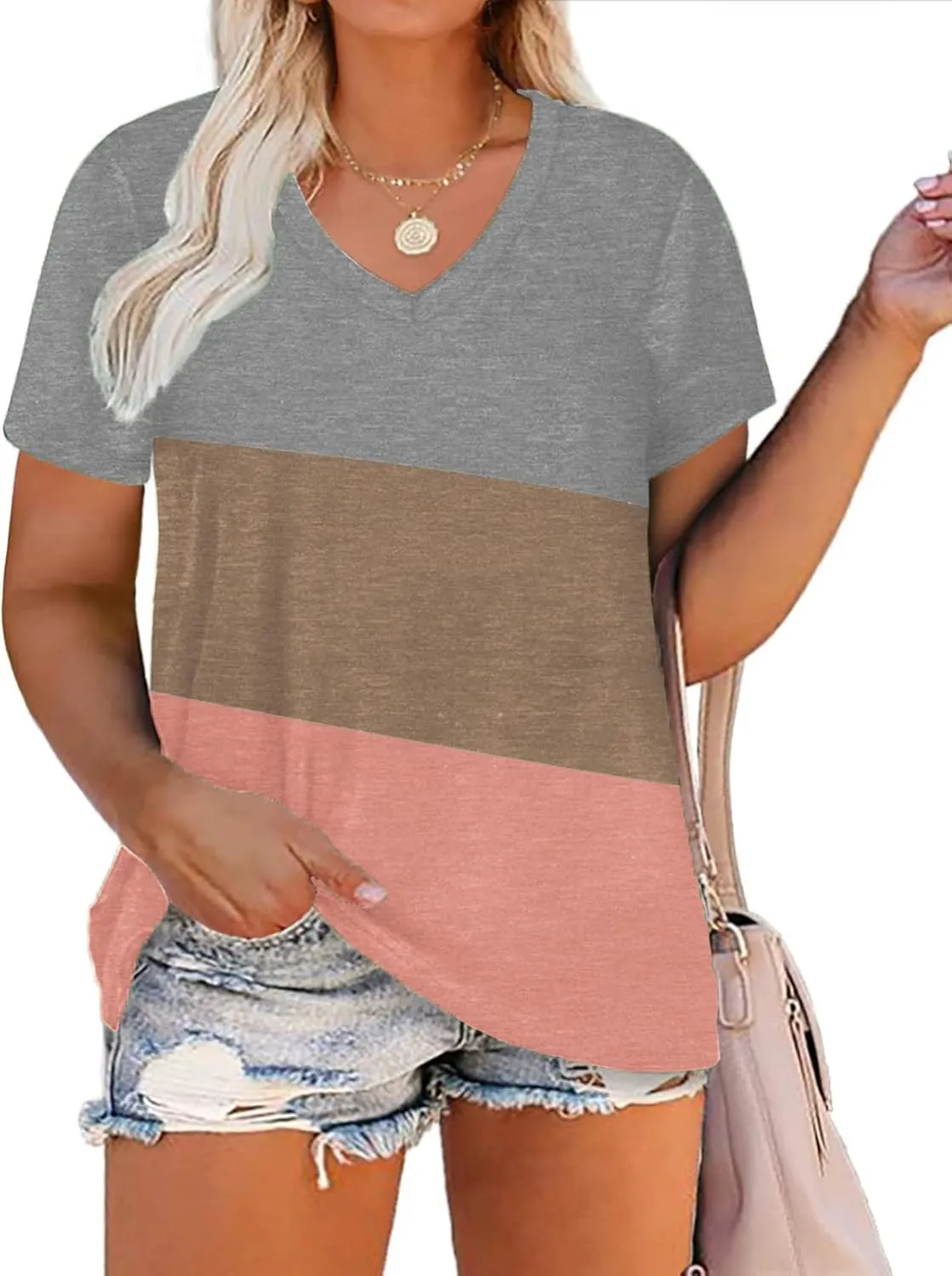 DOLNINE Plus-Size Tops for Women V Neck T Shirts Summer Tunics with Pocket