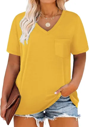 DOLNINE Plus-Size Tops for Women V Neck T Shirts Summer Tunics with Pocket