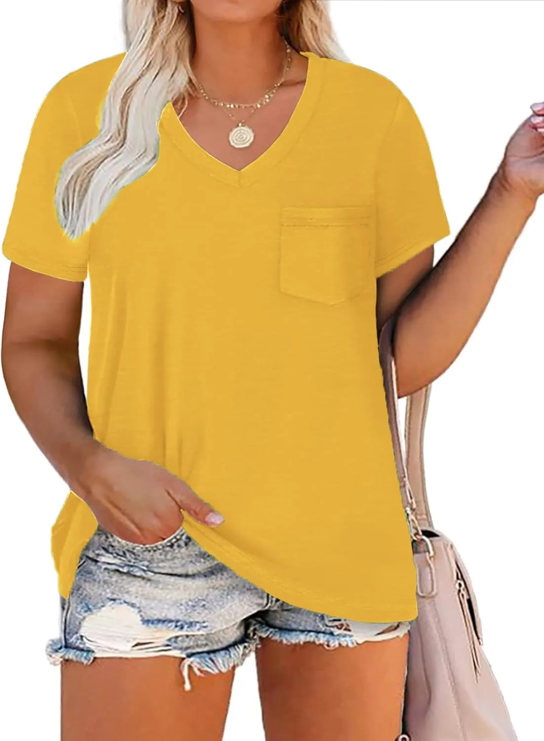DOLNINE Plus-Size Tops for Women V Neck T Shirts Summer Tunics with Pocket