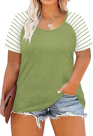 DOLNINE Women's Plus Size Tops Striped Raglan Tee Shirts Casual Tunics Blouses