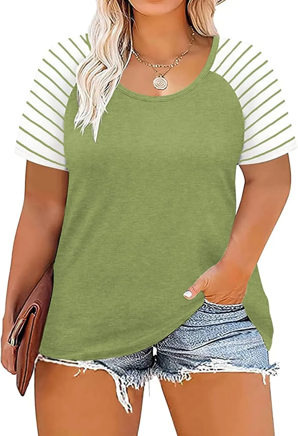 DOLNINE Women's Plus Size Tops Striped Raglan Tee Shirts Casual Tunics Blouses