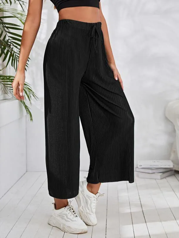 Drawstring Pleated Wide Leg Pants