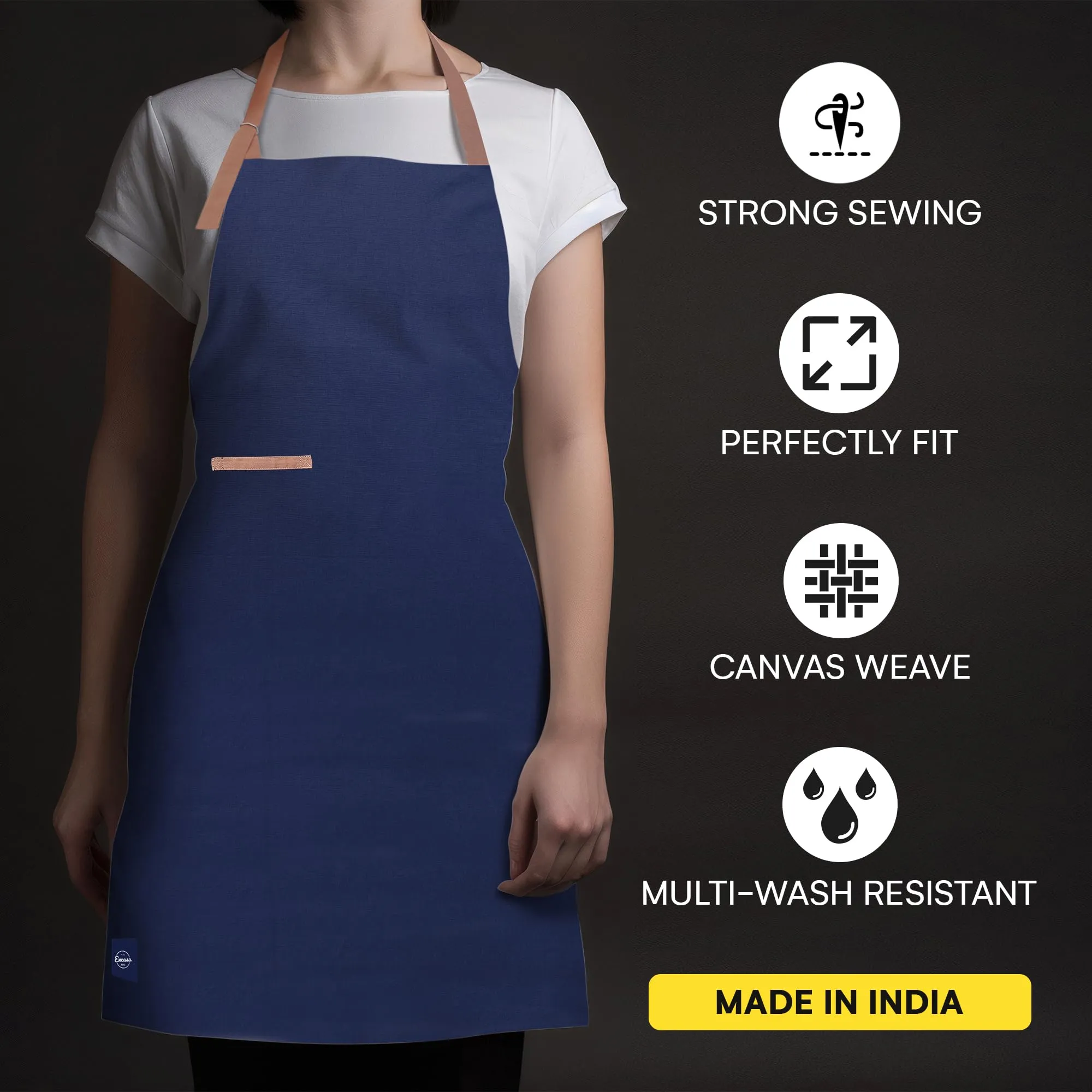 Encasa Homes Cotton Stain-Resistant Kitchen Bib Apron - Scotch Blue   Tan Straps With Adjustable Straps, Pocket & Towel Holder | For Home & Outdoors Cooking - Men & Women - 68x85 cm
