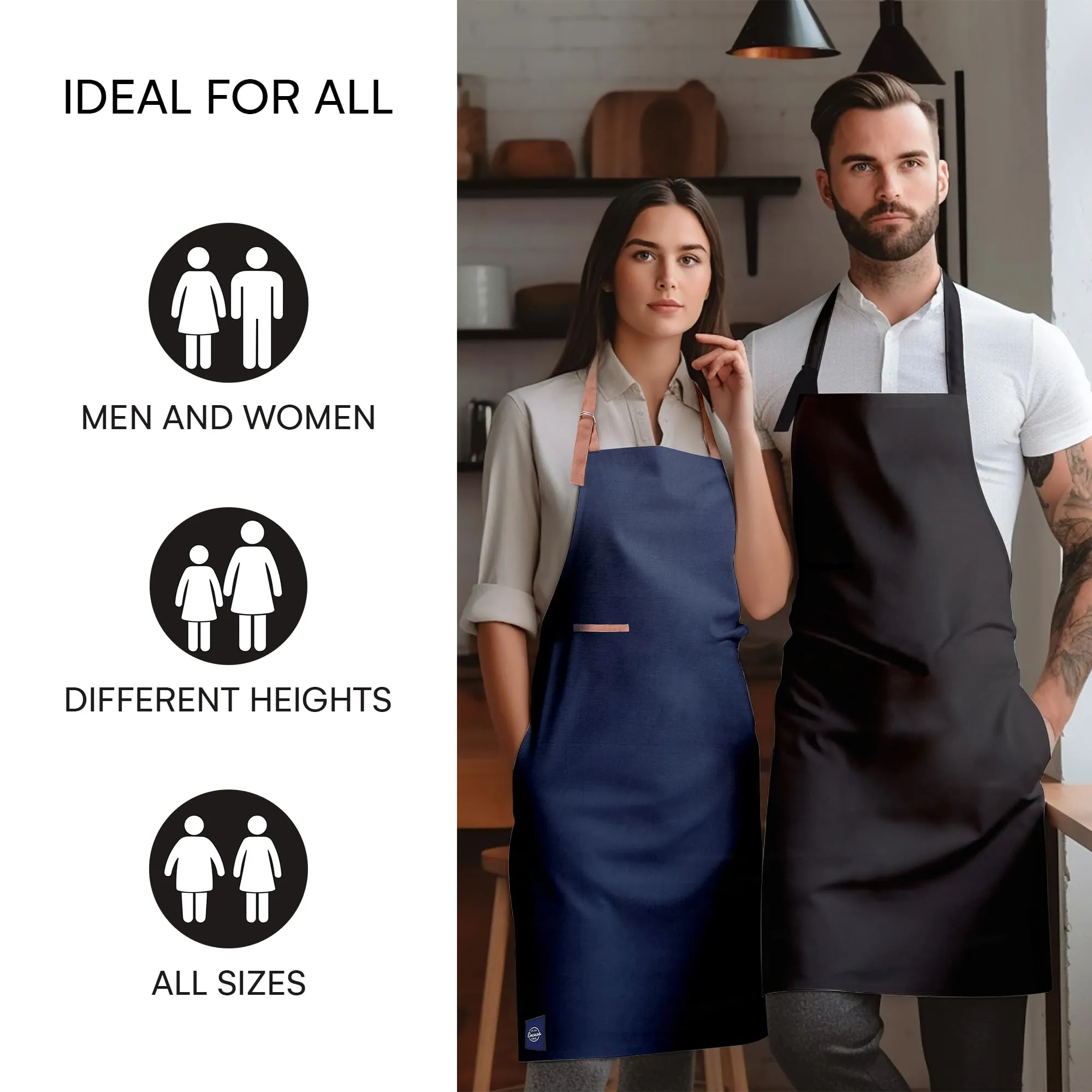 Encasa Homes Cotton Stain-Resistant Kitchen Bib Apron - Scotch Blue   Tan Straps With Adjustable Straps, Pocket & Towel Holder | For Home & Outdoors Cooking - Men & Women - 68x85 cm