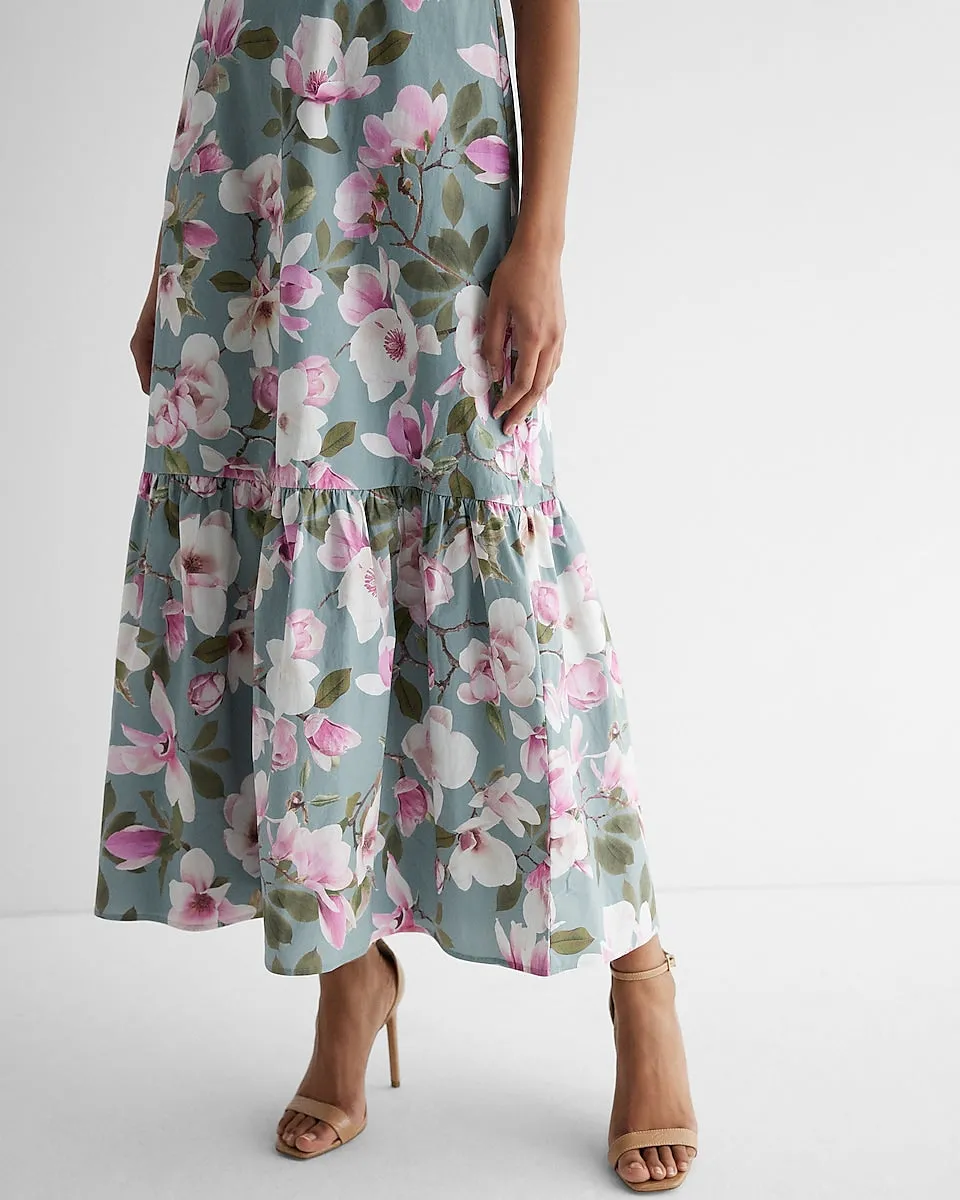 Floral Print Square Neck Tiered Poplin Maxi Dress in Multi