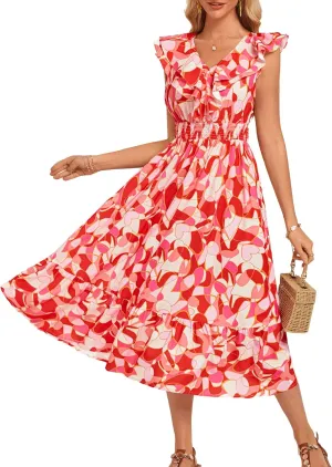 GRACE KARIN Women's Summer Dress Casual Boho Beach V Neck Smocked Waist Front Ruffle Floral Maxi Dresses with Pockets