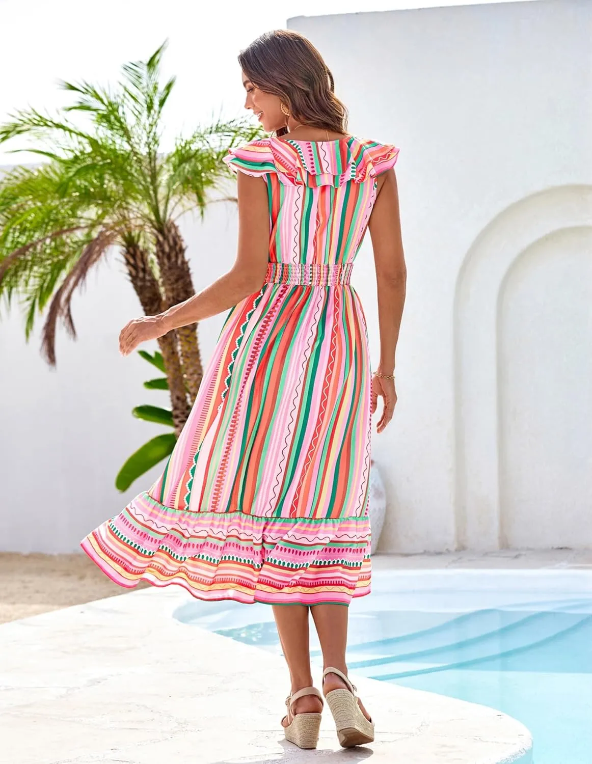 GRACE KARIN Women's Summer Dress Casual Boho Beach V Neck Smocked Waist Front Ruffle Floral Maxi Dresses with Pockets