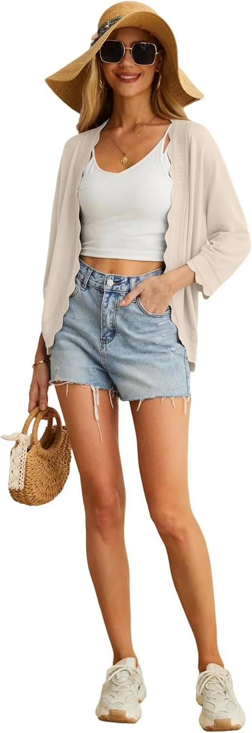 GRECERELLE Women's 3/4 Sleeve Summer Cardigan Lightweight Casual Open-Front Cropped Shrug Sweaters for Women