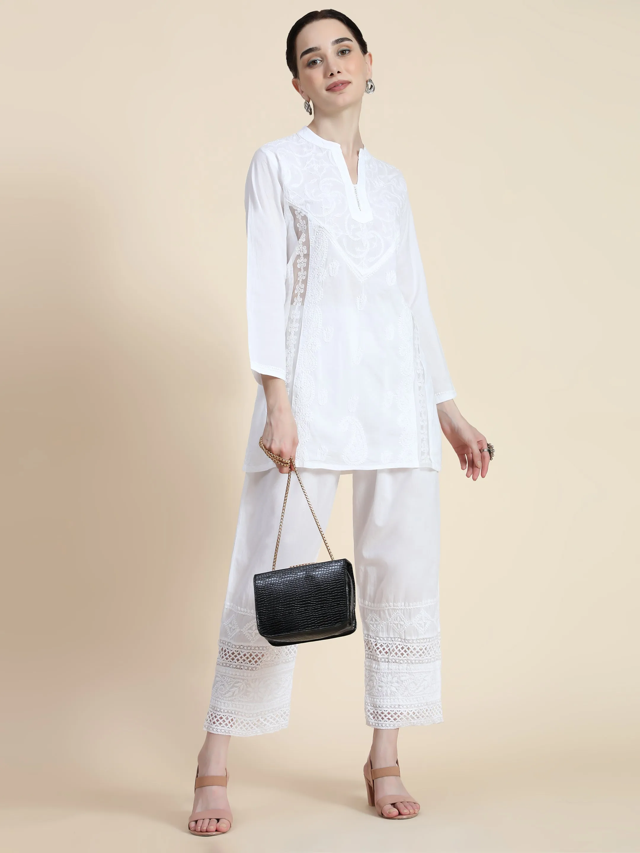 Hand Embroidery Chinakari Printed Short Cotton Tunics-White
