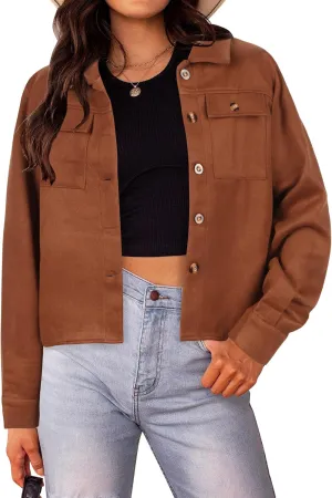 HOTOUCH Women Fashion Cropped Shacket Button Down Trendy Shacket Jackets Casual Long Sleeve Crop Shirts Jackets Tops