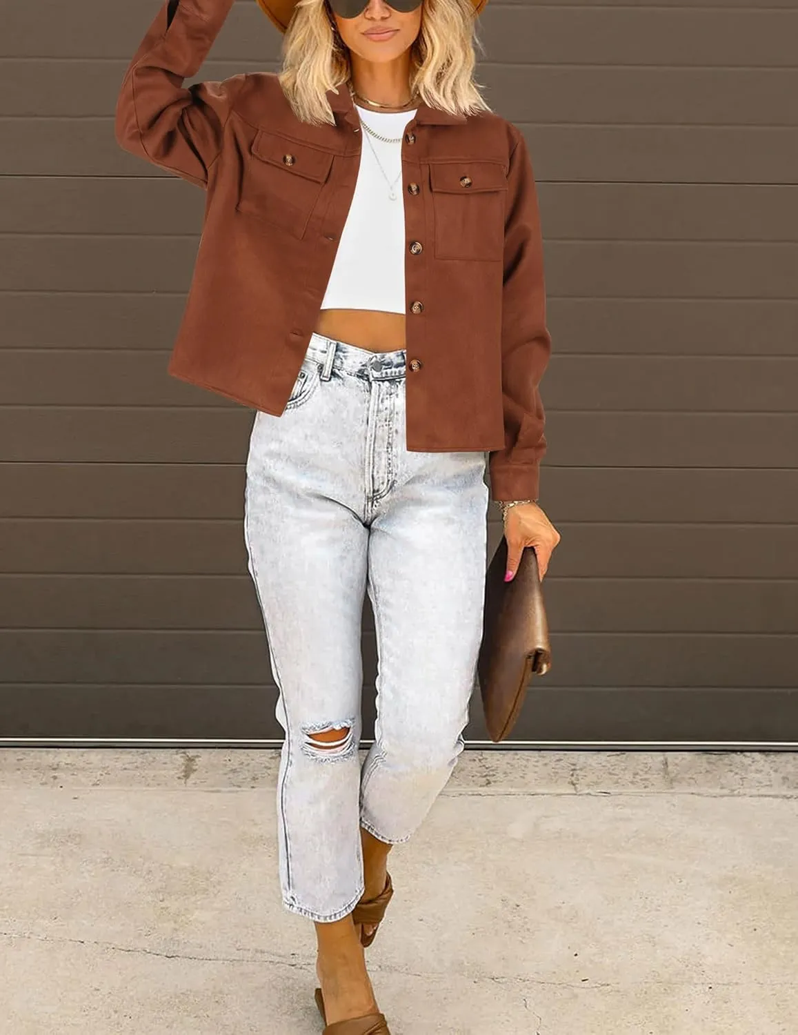 HOTOUCH Women Fashion Cropped Shacket Button Down Trendy Shacket Jackets Casual Long Sleeve Crop Shirts Jackets Tops