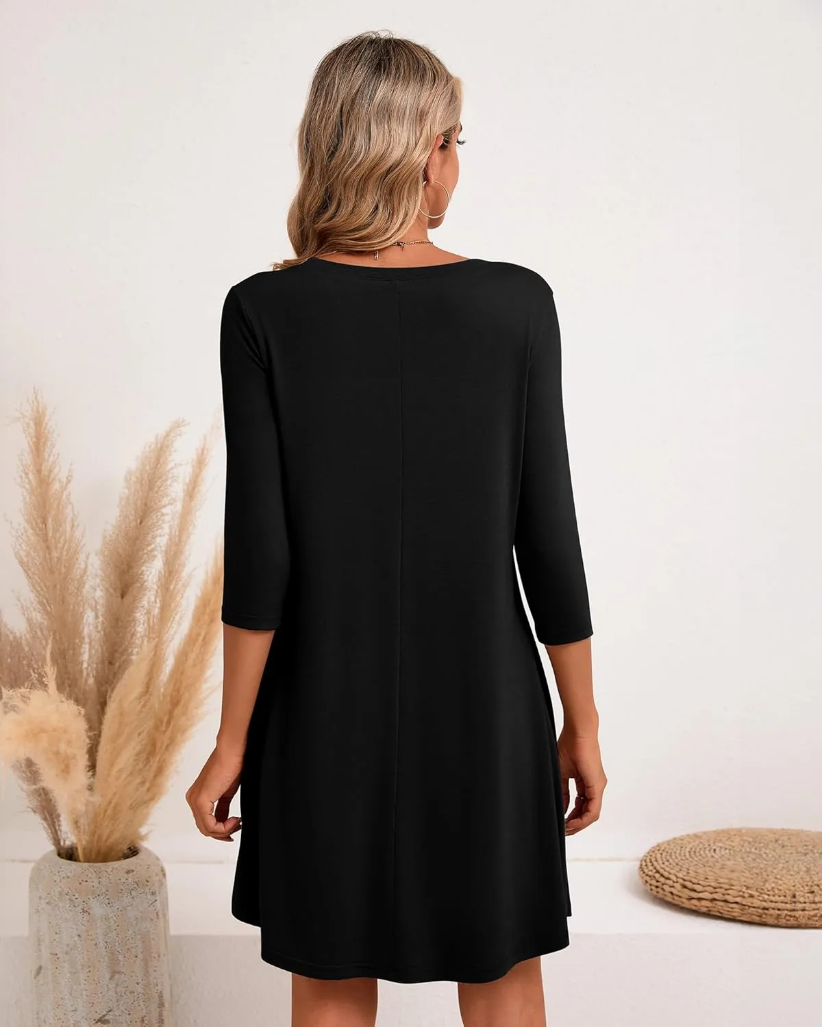 Huukeay Dresses for Women 3/4 Sleeve Crew Neck Casual Tunic Swing 2025 Dress Knee Length Pleated Fitted T Shirt Dress