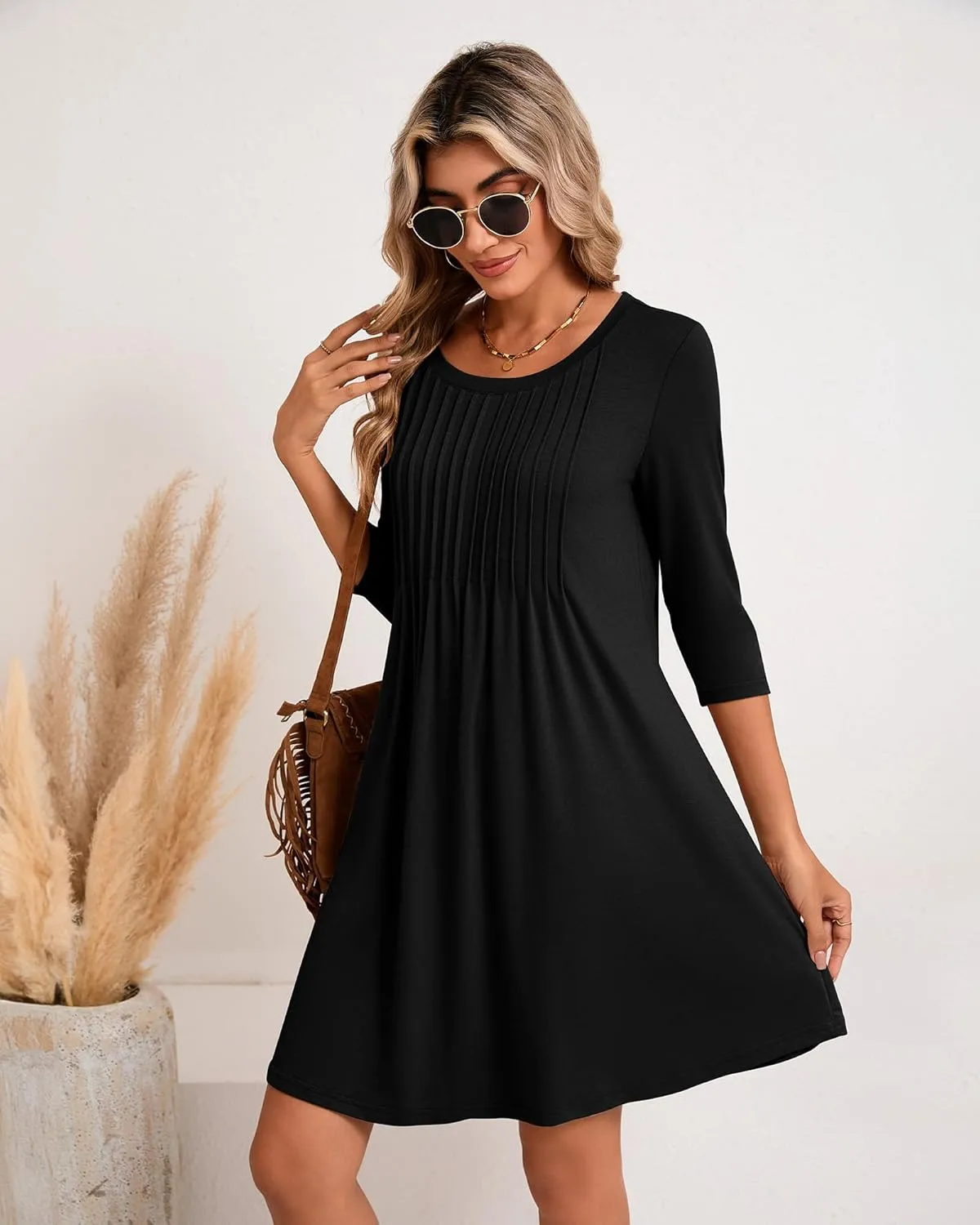 Huukeay Dresses for Women 3/4 Sleeve Crew Neck Casual Tunic Swing 2025 Dress Knee Length Pleated Fitted T Shirt Dress